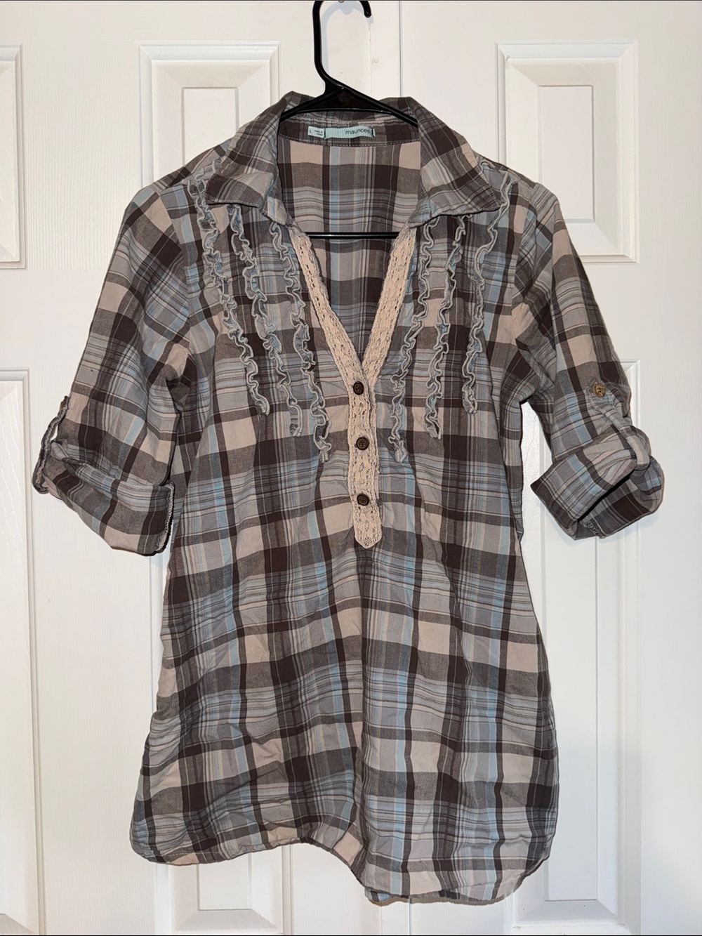 Maurices Plaid Ruffle Henley Tunic in Brown and Light Blue